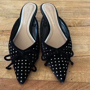 ZARA BLACK VELVET STUDDED BOW BALLET KITTEN HEEL SLIDES EU 37 / US 6.5